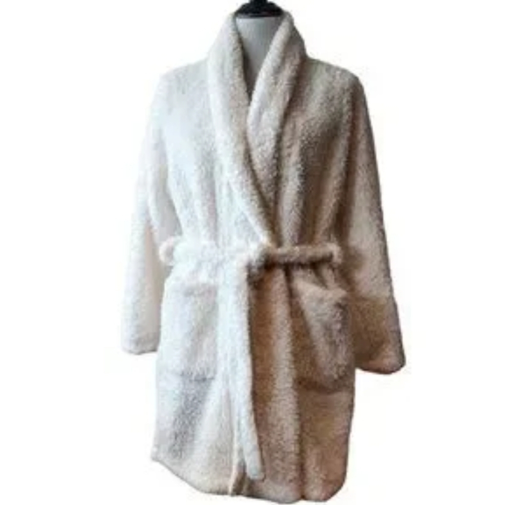N Natori Womens White Fuzzy Teddy Bear Tie Belt Pockets Cozy Lounge Robe L/XL